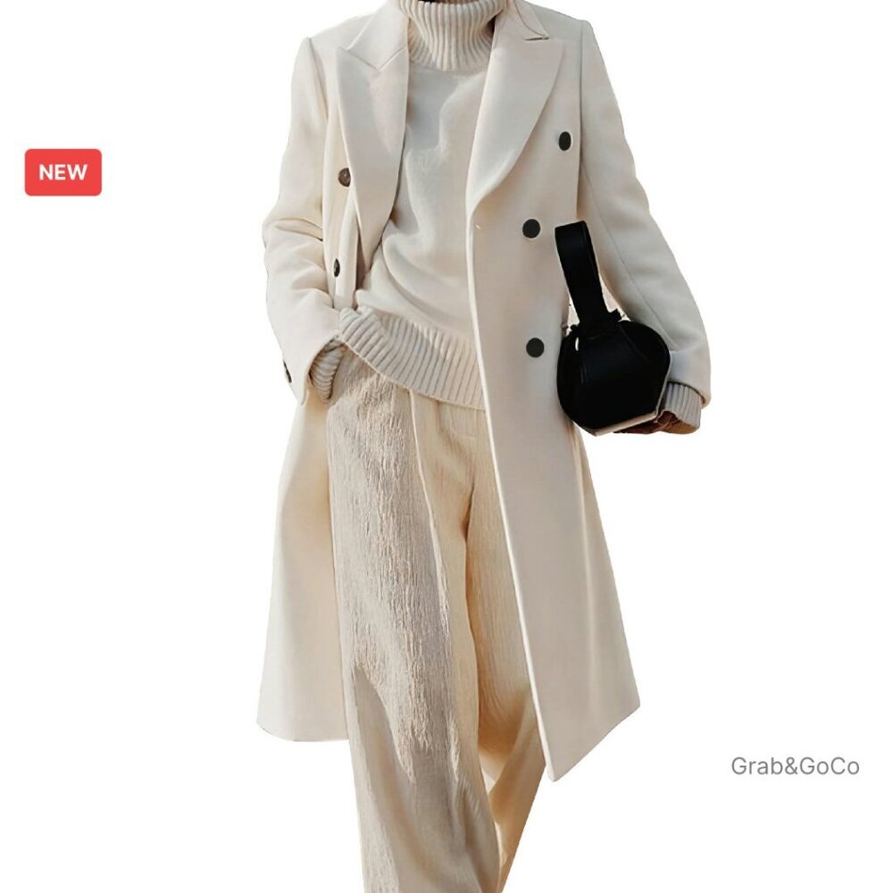 Women's Cream Double-Breasted Wool Blend Coat